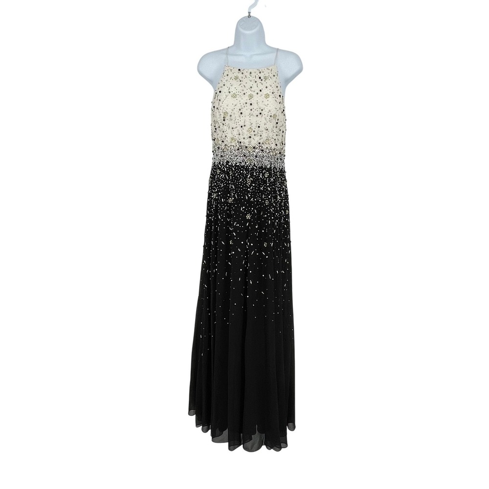 Aidan Mattox Black Cream Beaded Halter Neck Gown Formal Evening Dress Size 6
